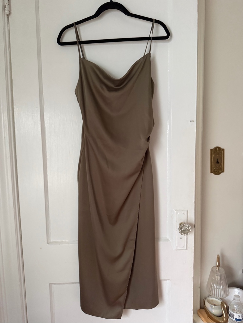Satin Slip Midi Dress in Olive Green